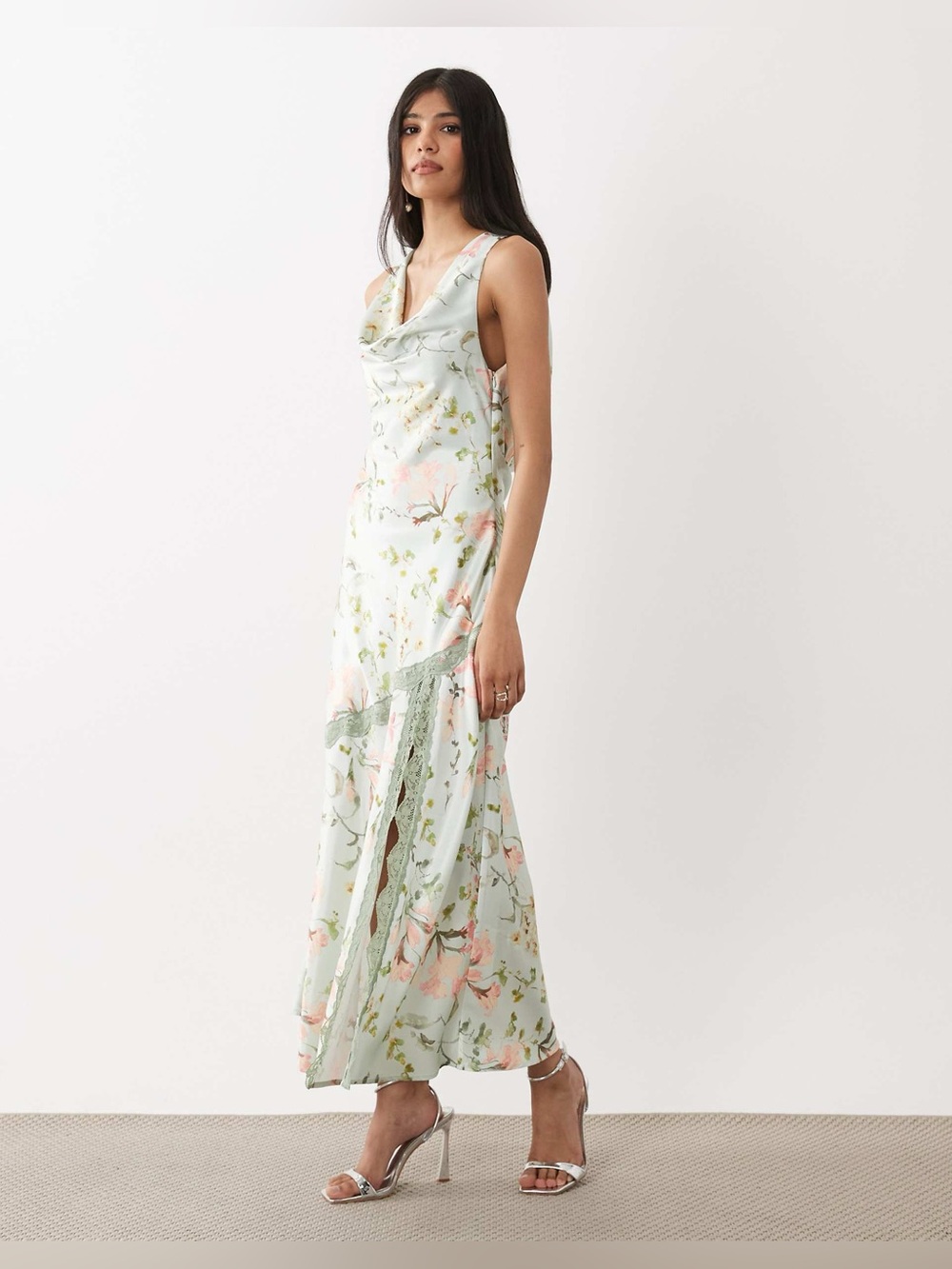 Hope & Ivy Cowl Neck Lace Trim Satin Midi Dress in Sage Green Floral